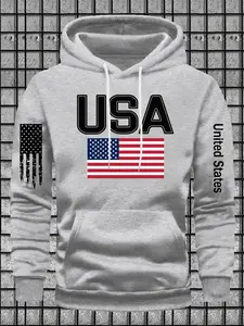 Usa Flag Print Hoodie, American Patriotic Loose Fit Casual Sweatshirt, Geometric Pattern, Long Sleeve, Winter Fashion