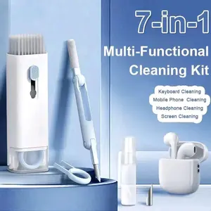 7-in-1 Multi-Fuctional Cleaning Kit with Silicone Tip Pen Mini Brush Flocking Sponge Brush High-Density Soft Brush & Keycap Buckle for Keyboards AirPods Earphones Laptops Mobile Phones PC Monitors Cameras Smartphones