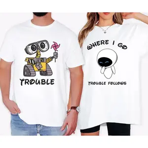 Wall-E and Eve Valentines Day Couple T-Shirt, 100% Cotton, Valentines Day Tee for Boyfriend Girlfriend Wife Husband Gift - 1 piece