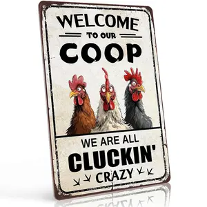 Welcome To Our Coop Cluckin' Crazy Chicken 12x8 Inch Aluminum Metal Sign - Funny Farm Wall Decor for Chicken Coop, Backyard, Kitchen, Farmhouse - Retro Tin Sign Gift for Chicken Lovers, Homesteaders and Country Homeowners