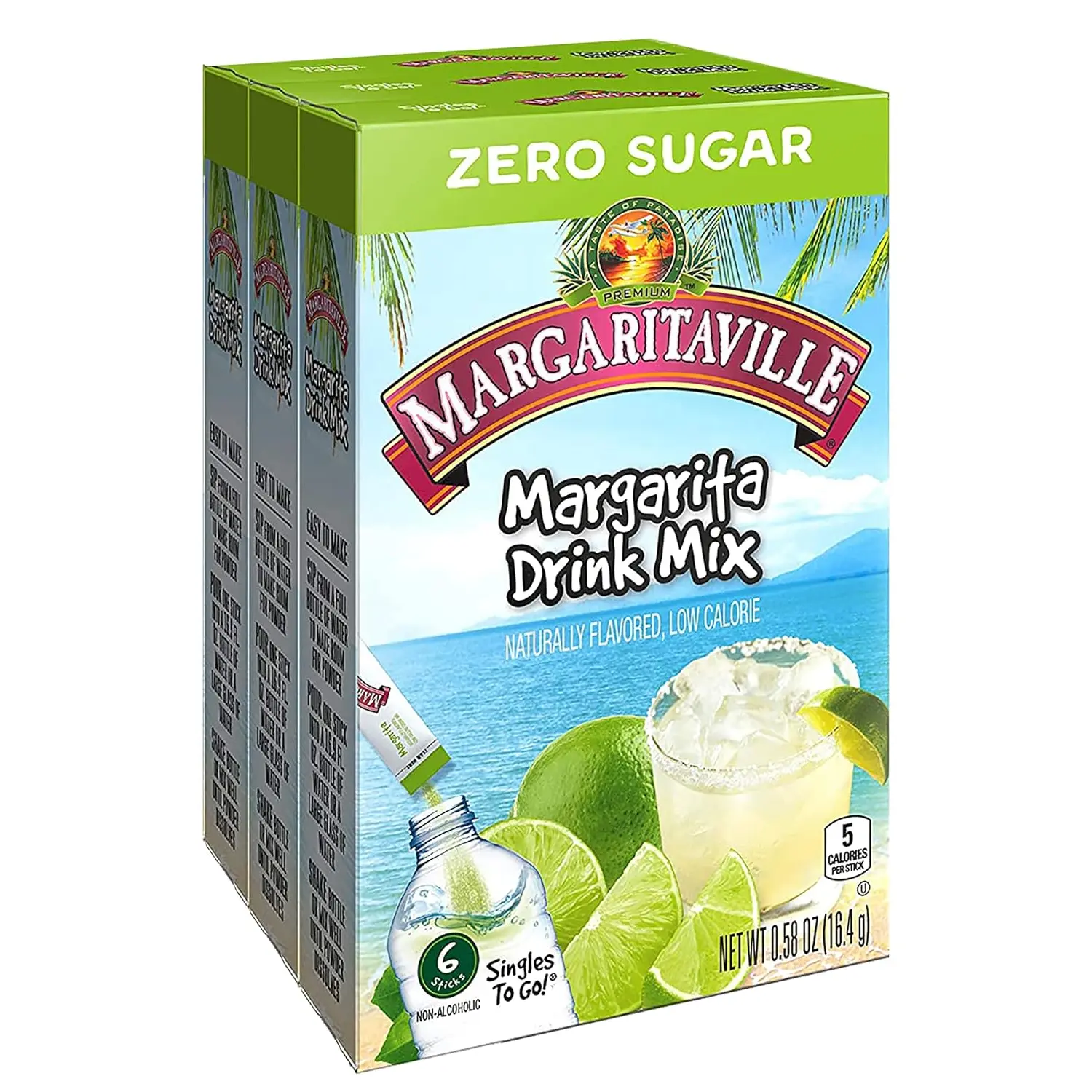 Margaritaville Singles To Go Water Drink Mix - Margarita Flavored, Non-Alcoholic Powder Sticks (3 Boxes with 6 Packets Each - 18 Total Servings)