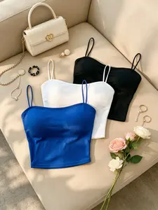 Basic Versatile Solid Color Camisole for Women, Square Neck Thin Straps Elastic Slim Fit High Waist Revealing Inner Top Set of Three Pieces