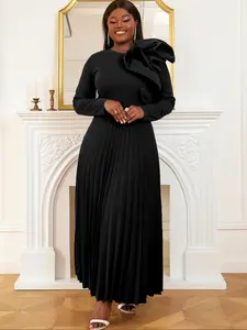 [Plus Size] Zipper Back Pleated Dress, Elegant Chic Long Sleeve Round Neck A Line Dress for Party Evening Formal Occasions, Women's Clothes for Fall & Winter