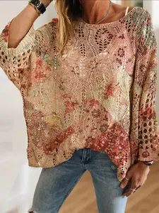 Women's Boho Vintage Floral Knit Top, Loose-Fitting Batwing Shoulder, Casual Elegant Vacation Style, Comfortable Breathable Sweater