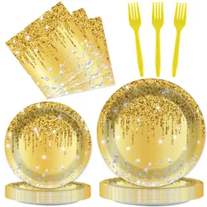 96 Pieces Golden Birthday Party Decorations Tableware Set, Disposable Plates, Diamond Plates, Napkins, Forks for 24 Guests, Anniversary, Wedding, Party Supplies