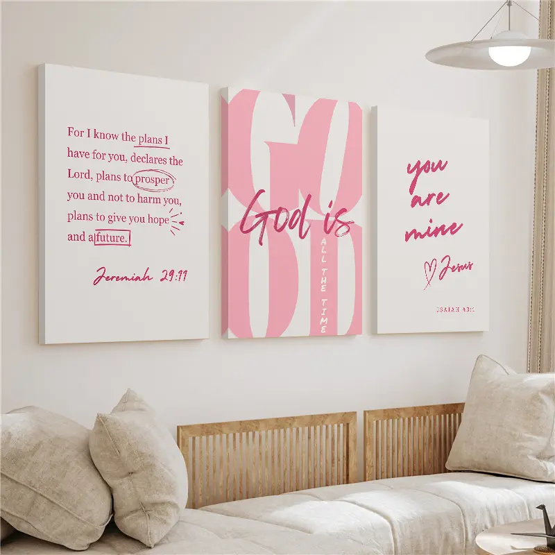 Religious 3-Piece Blush Pink Colorful Style Christian "God Is Always Beautiful" Geometric Wooden Framed Canvas Wall Art, High-Quality Printing, Handmade Look, Home Inspo Room Art Decor for Living Room, Children's Day Gift, Mother's Day