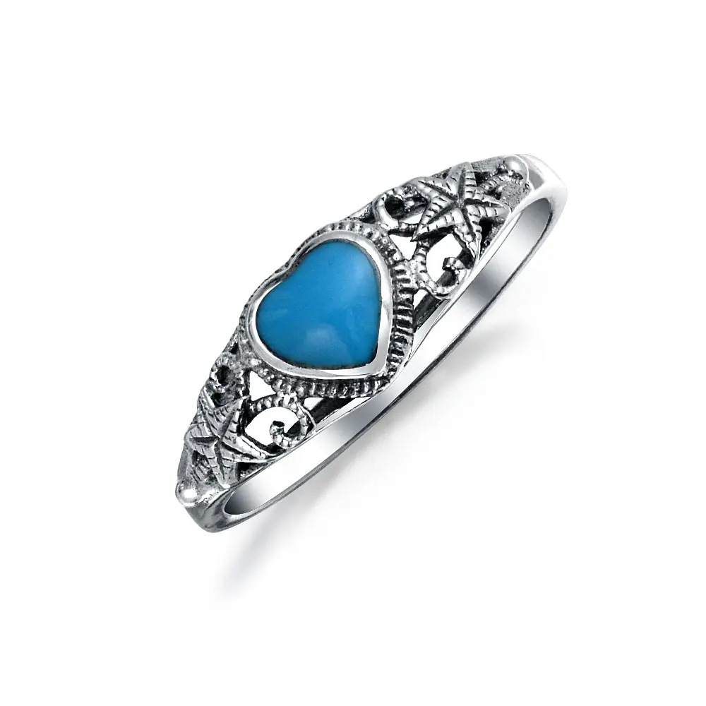 Blue Turquoise Nautical Starfish Heart Ring .925 Sterling Silver