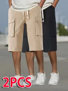 Men’s Summer Ice Silk Cargo Jogger Shorts, 2-Pack — Loose Straight-Leg, Multi-Pocket Casual Breathable Wear-Resistant Athletic Mid-Length Shorts