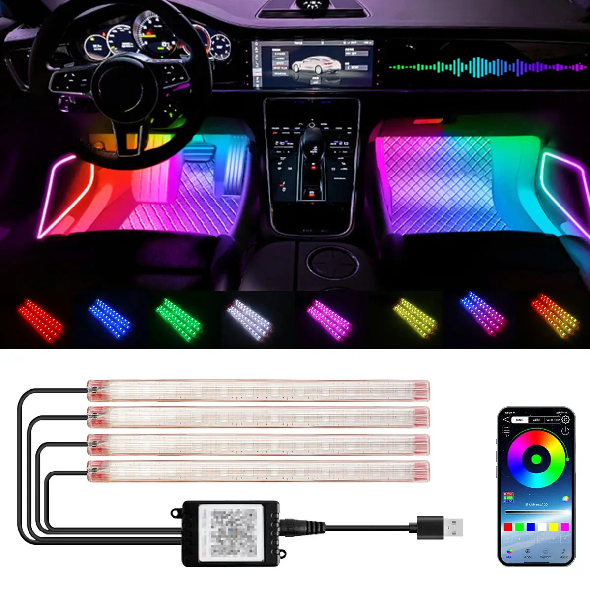 4in1 car atmosphere light RGB LED indoor light strip USB Footwell light for car, motorcycle holiday decoration, Car Lighting Accessories, Car Decorative Light, Car Interior Lighting, LED Car Lights, Adjustable Atmosphere Light, Led Car Ambient Light
