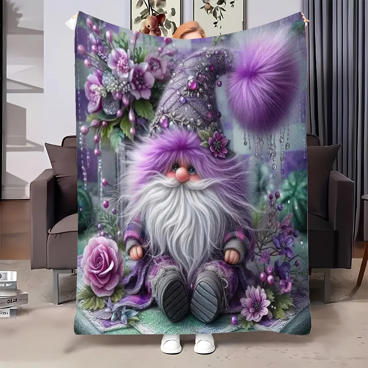 1pc, Gnome, Flannel Blanket, Soft, Warm, Purple Floral Design Print, Suitable for Sofa, Bed, Living Room, AllSeason Use, Halloween | christmas | room decor | fall decorations for home, 280gsm