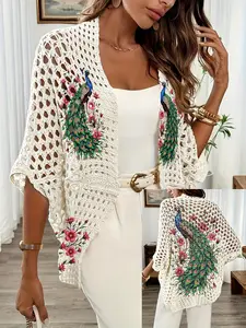 New Spring Summer Peacock Floral Print Cutout Knitted Sweater, Loose Fit Sun Protection Outerwear, Women's Fashion Shawl Coat