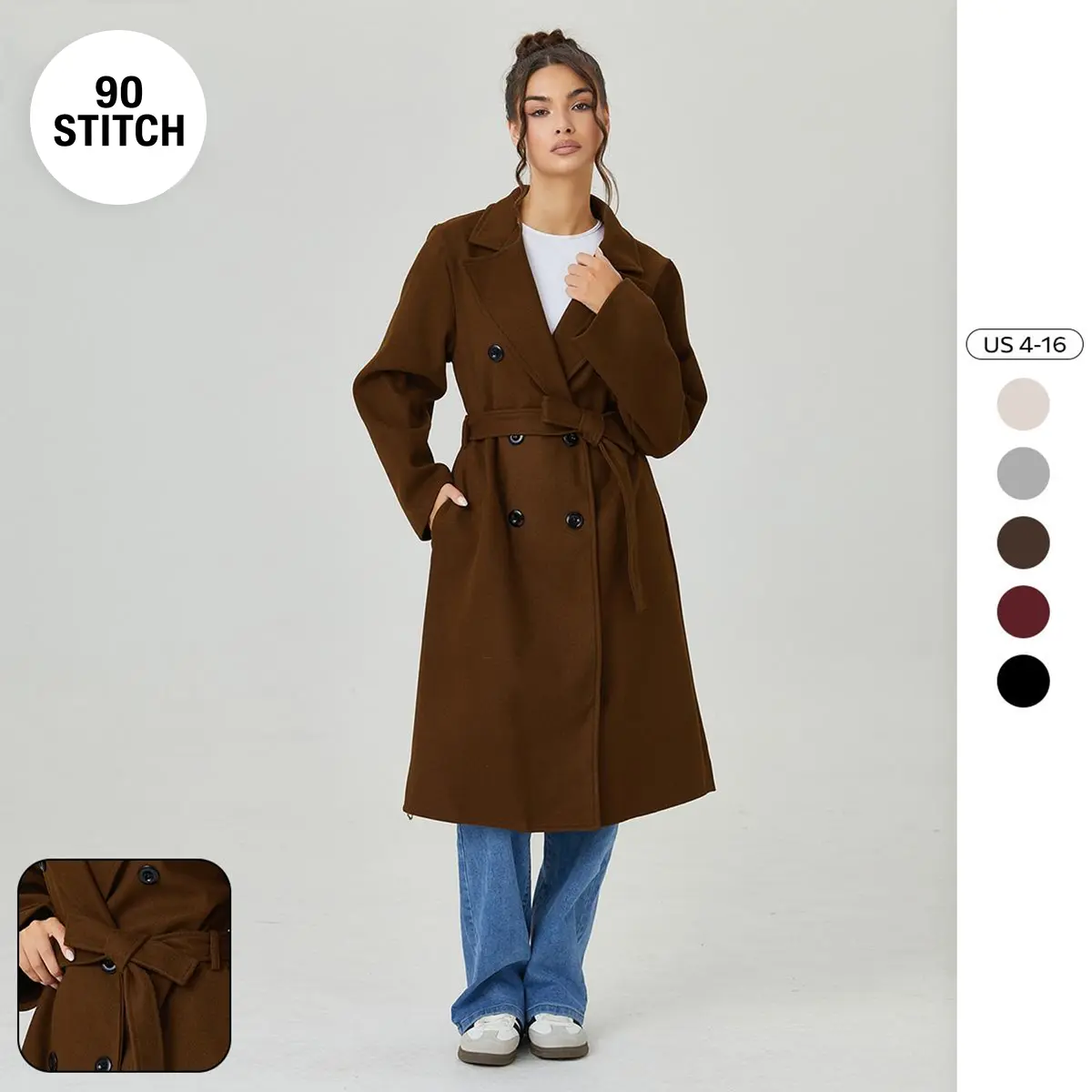 90Stitch Women's Solid Color Double Breasted Pea Coat with Detachable Belt & Pockets - Warm Lined Casual Outerwear for Fall & Winter