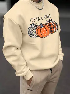 Men's Punk Style Pumpkin Print Pullover Sweatshirt, Round Neck Long Sleeve Fleece Lined Warm Casual Top for Fall Winter