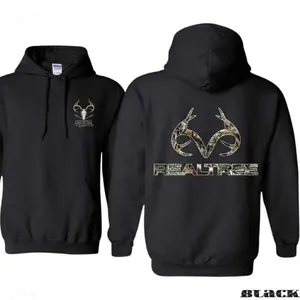 Realtree Hoodie - Featuring Front Deer Skull Logo, And Back Graphic Of Camouflage Antlers With Realtree Text, Designed For Hunting Enthusiasts And Outdoor Lifestyle Fans Who Appreciate Bold Camo Branding And Rugged Southern Style