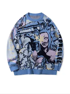 Men's Cartoon Print Round Neck Sweater Knitwear Tops, Loose Casual Long Sleeve Crew Neck Jumper for Spring & Fall, Menswear, Graphic Sweater, Street Casual Jumper