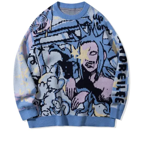 Men's Cartoon Print Round Neck Sweater, Loose Casual Long Sleeve Crew Neck Jumper for Spring & Fall, Fashion Men's Knitwear for Daily Wear Menswear, Aesthetic Casual Knitwear