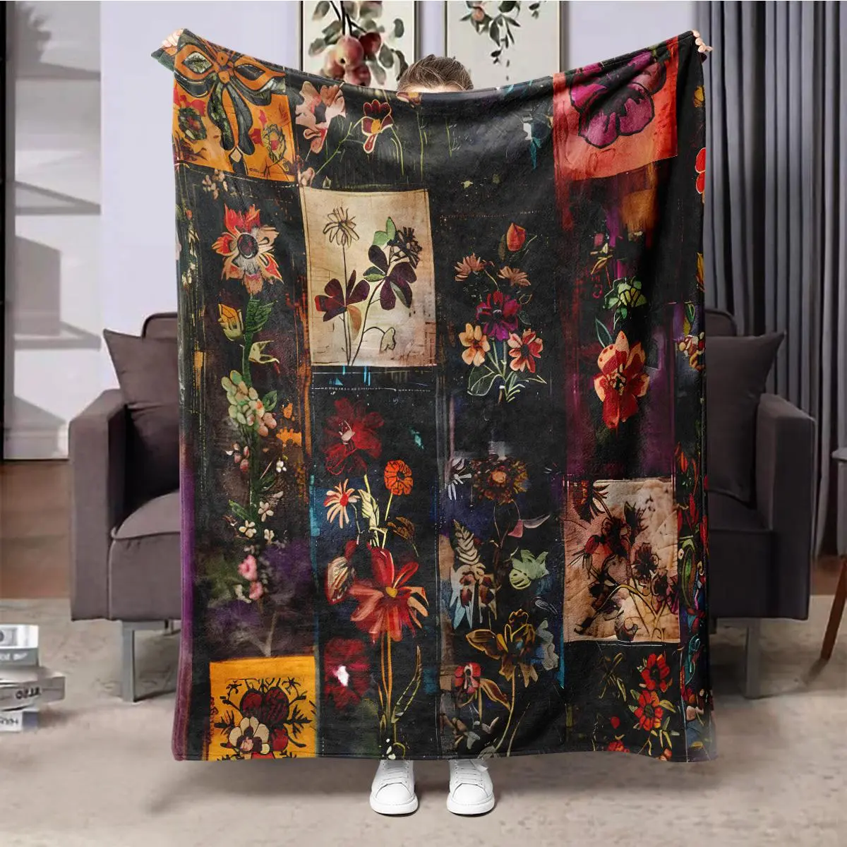 Vintage Style Floral Pattern Throw Blanket, Soft Throw Blanket, Air-conditioned Room Blanket, Warm Nap Blanket for Home Office Travel