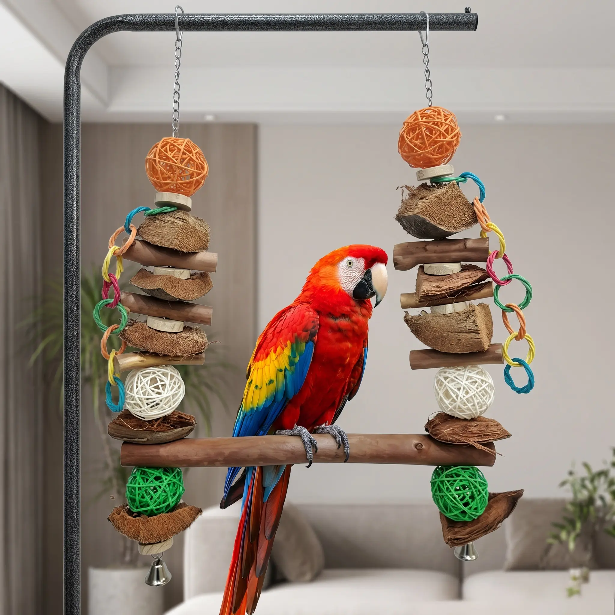 3-in-1 Parrot Toys Natural Coconut Fiber Parrot Hammock (Swing + Perch + Chew Toy) Natural Bird Perches for Medium Large Birds - 23" Bird Toys for Parrots Stand