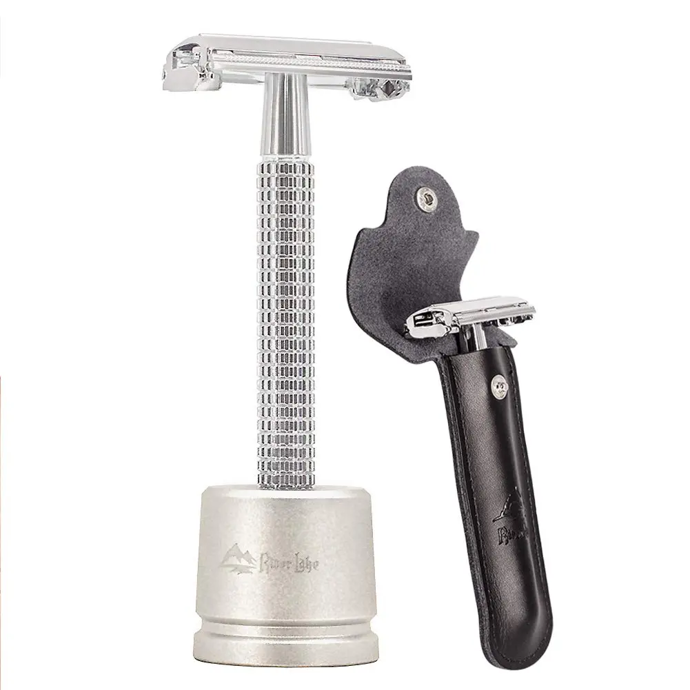 Safety Razor/shaver/shaving tool/Butterfly men's razor Kit Long Handle Butterfly Open Double Edge Safety Razor Men's Shaver (1 Razor, 1 H3 Razor Stand and 1pc Genuine Leather Case)