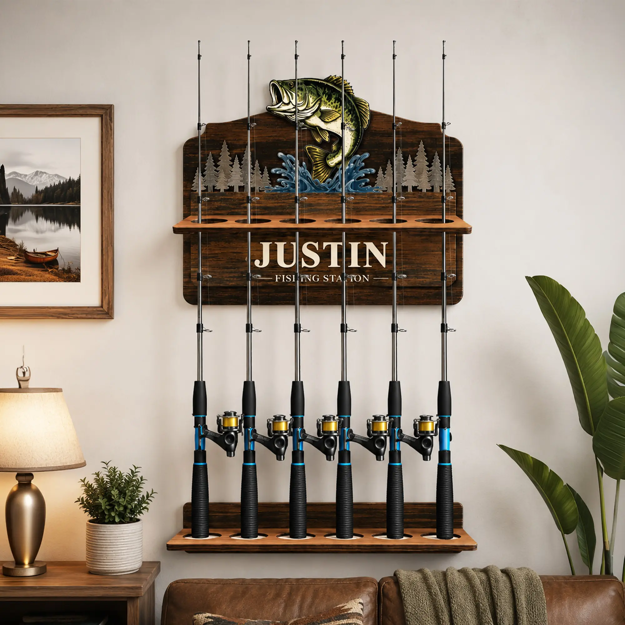 Personalized Fishing Rod Holder, Custom Angler Gift for Dad, Wooden Fishing Pole Organizer, Fisherman Wall Decor, Bass Fishing Station Sign