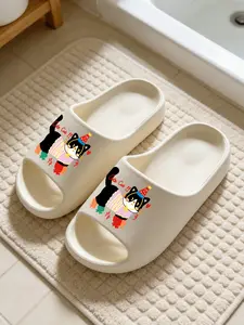 1 Pair Circus Cat Themed Printed Thick Sole Slippers, Cute Fun Style, Non-slip Soft Sole, Quick-dry, Indoor & Outdoor Dual-use, Open Toe Slides, Casual Slippers