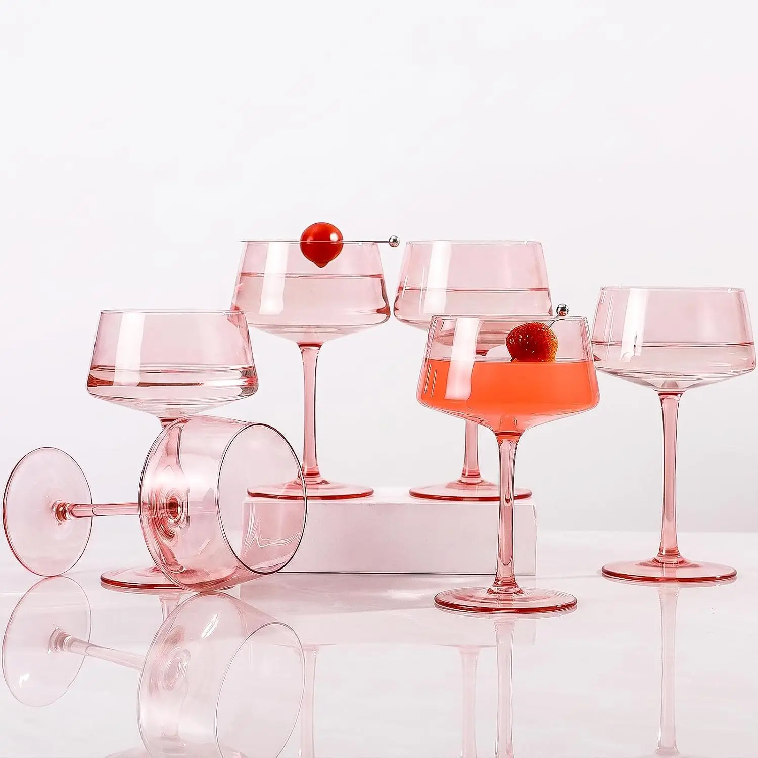 JOVGANK Traditional Handcrafted Pink Martini Glasses Set of 6 - 13oz Lead-Free Hand-Blown Glass Cocktail Cups for Party, Home Bar, Wedding Gift