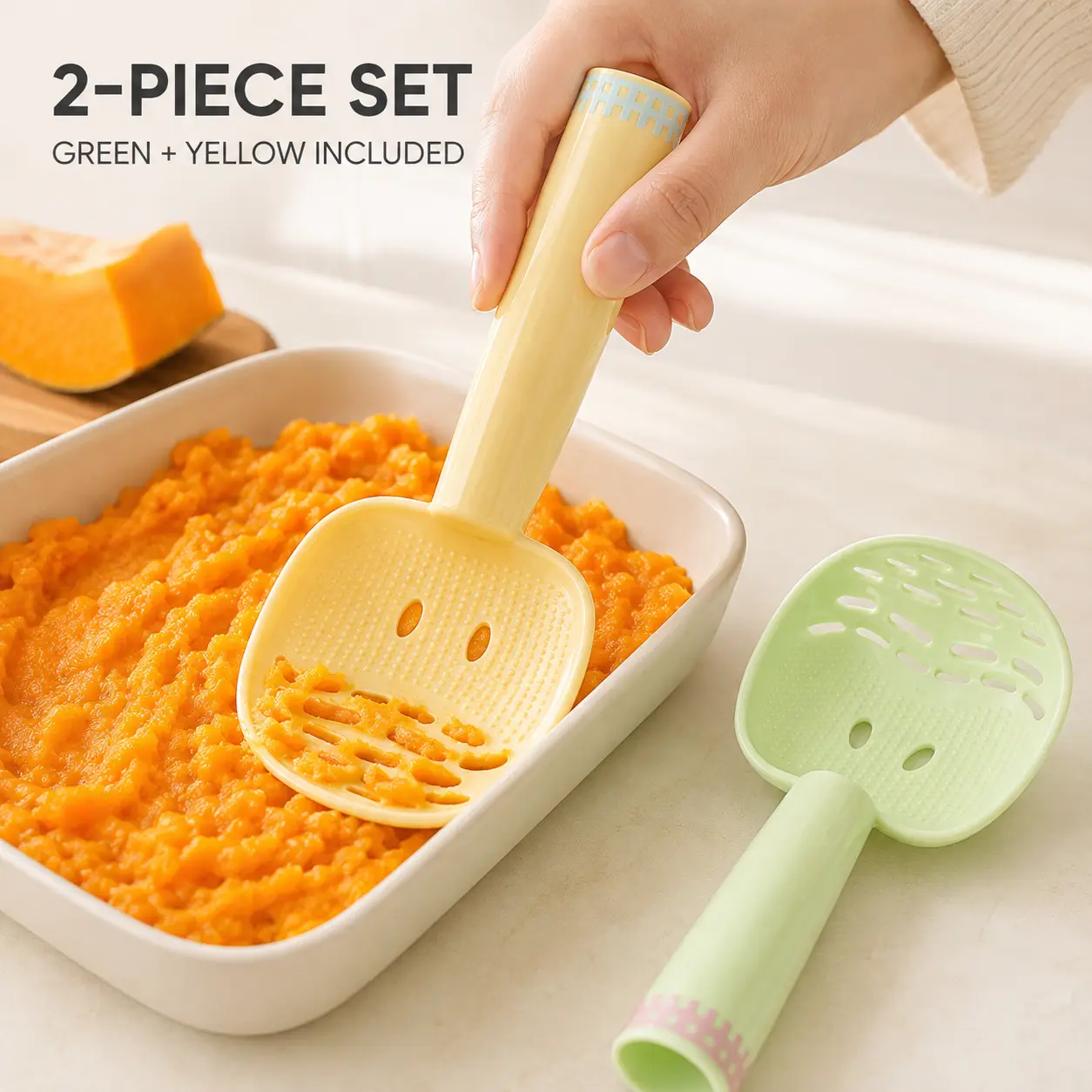 2-Pack 5-in-1 Food Masher Spoon Set, Potato & Avocado Mashers with Grater, Strainer and Egg Separator, Green + Yellow