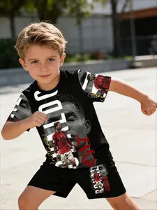 Boys Portugal Football Fan Outfit Set Summer CR7 Cristiano Ronaldo 7 GOAT Dark Style Print Short Sleeve T Shirt + Shorts 2 Piece Set Kids Casual Sport Wear for School Daily Football Match & Fan Gathering