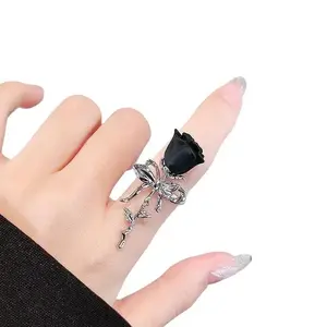 Unique Adjustable Thorn Rose Ring with Faux Black Elements Romantic Luxury Design for Weddings Parties Holidays or Casual Attire Ideal Gift for Girlfriend