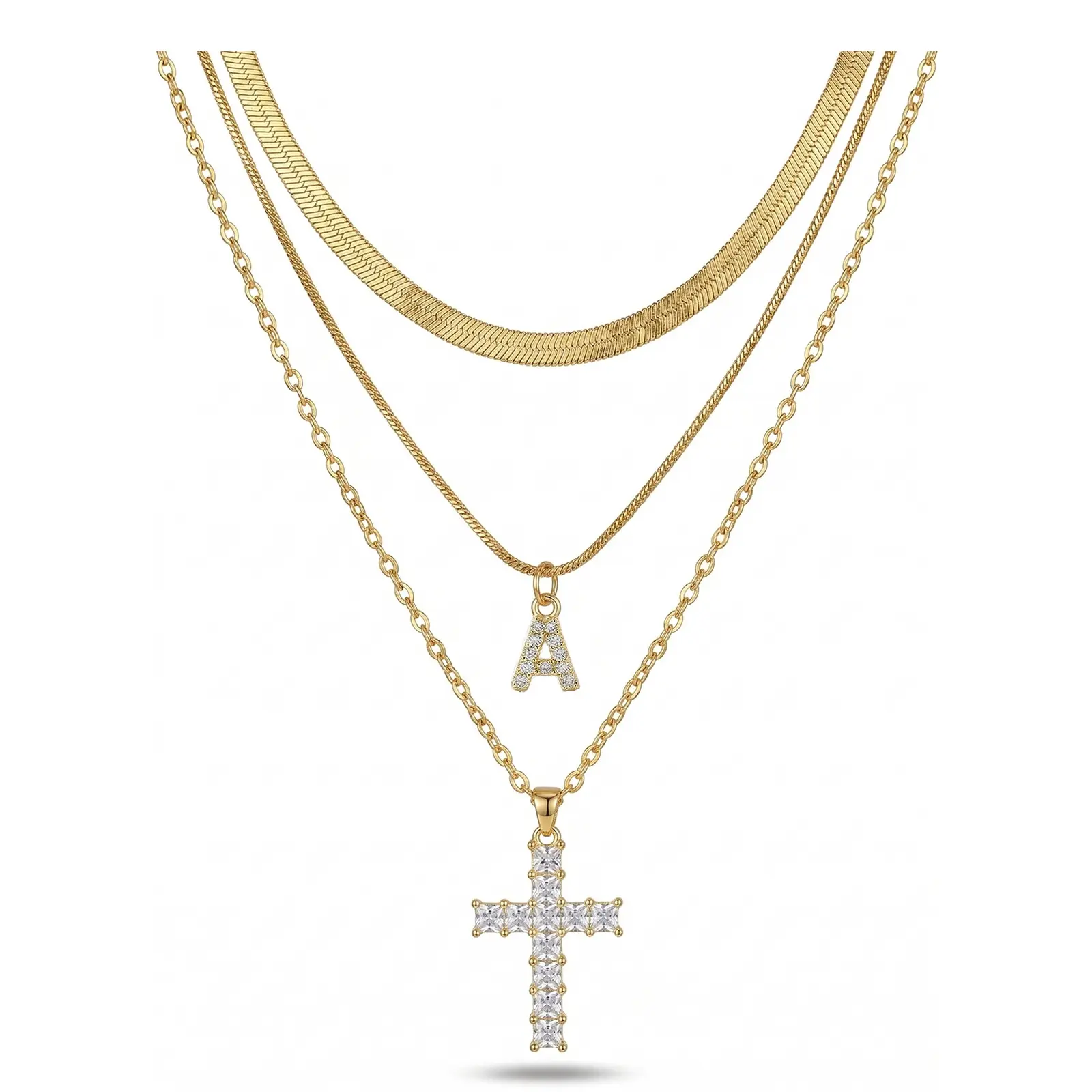 Women's 3-Layered Personalized Initial Necklace, 26 Letter Sparkling Cross Pendant with Stainless Steel Flat Snake Chain, Meaningful Gifts for Personalized Jewelry Lovers