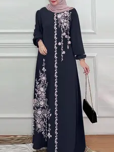 Women's Elegant Muslim Long Robe, Round Neck Long Sleeve Design, Comfortable Casual Wear for Autumn Season, Stylish Ladies Clothing, Muslim Women Gowns