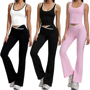Women's 2-Piece Workout Yoga Set - Flare Crossover V-Cut Leggings, Sleeveless Shirt, Sporty Style Outfits, Training Clothes, Elegant Gym Tracksuit, 5 Color Options, Sporty Fit Fitness Apparel