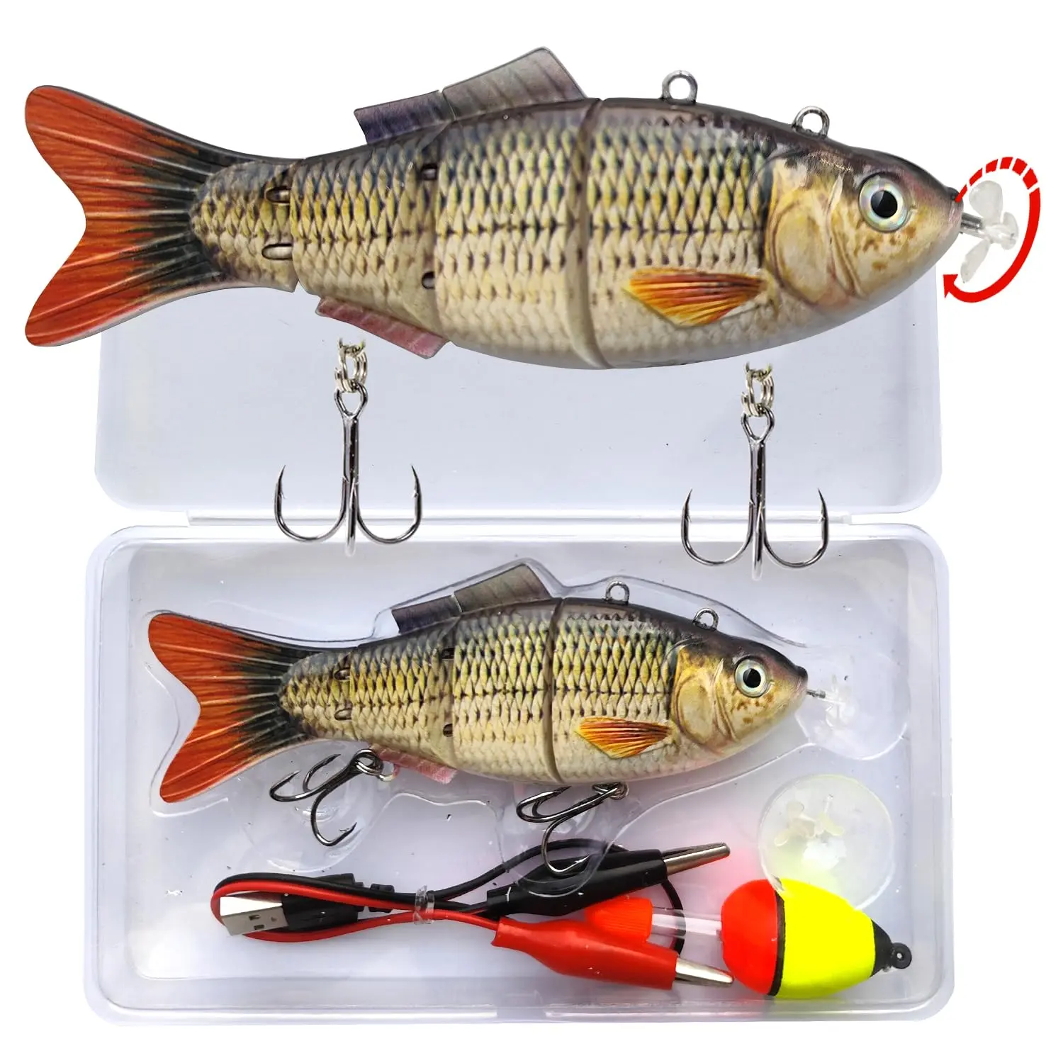 HADORAM Plastic Artificial Fishing Lure, 5.3in 4-Segment Multi-Jointed Swimbait, Electric Bait with LED Light, USB Rechargeable Fishing Tackle for Bass, Trout