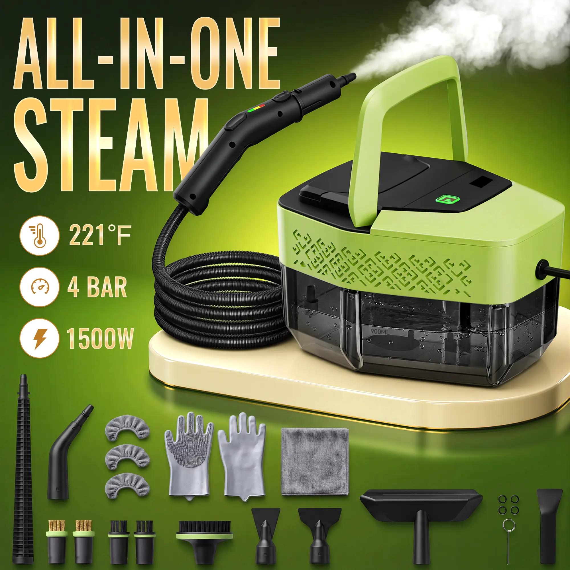 C4A Steam Cleaner 22-Piece Accessory Kit 3 Adjustable Steam Levels Multi-Purpose Cleaner for Home Kitchen Bathroom Car
