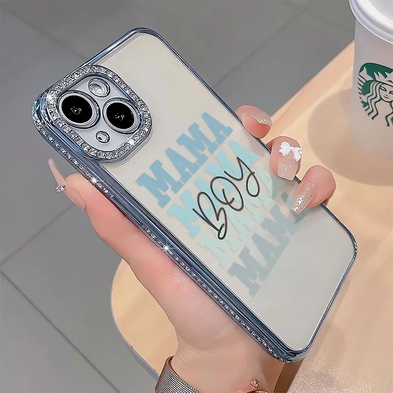 Boy Mama Luxury Rhinestone Decor Phone Cover Casing, Shockproof Camera Protection Accessory for iPhone 17,17Air,17Pro,17Promax,16,15,14,13,12 Plus,Pro Max
