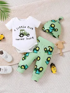 Boys' Summer Romper Set, Tractor Print, Casual Cute, Comfortable Baby Bodysuit Clothes, Perfect for Warm Weather, Stylish Infant Wear