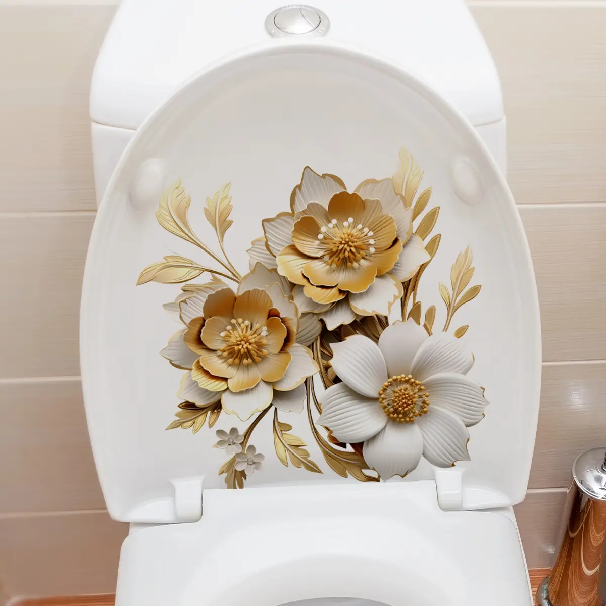 A gold floral spring toilet sticker, bathroom toilet decorative sticker, self-adhesive bathroom decorations, Bathroom Decoration Supplies M10143
