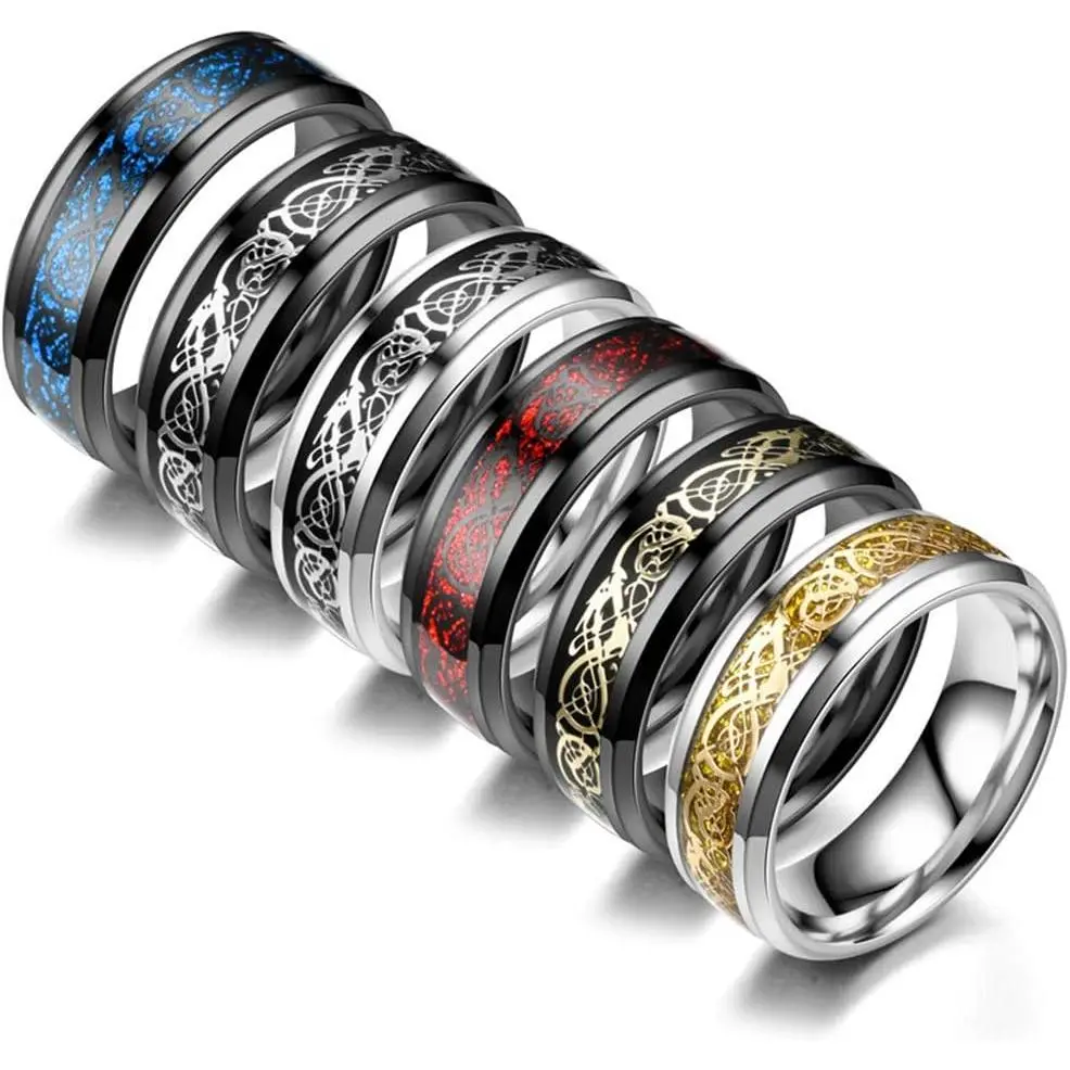 Men's 6Pcs 8mm Stackable Rings - Stainless Steel Celtic Gold Dragon Pattern, Beveled Edges, High-Polish Finish, Carbide Band, Hypoallergenic Skin-Friendly Durable Steel for Daily Wear, Sleek Christmas Father's Day Gift, Sizes 7-12