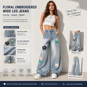 Retro distressed wash, trendy versatile denim jeans with floral velour appliqué patches and embroidery
