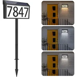 Solar Powered Waterproof Address Sign House Numbers, 3-Color LED Lighting Modes Illuminated Address Plaque with Stakes, Outdoor Address Number for Home Exterior Use