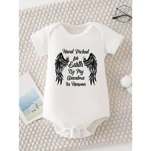 Hand-Picked for Faith by My Grandma in Heaven" Baby Boy's 100% Cotton Romper - Short Sleeve, White with Angel Wings Print, Soft & Comfortable Newborn Outfit for Spring/Summer, Baby Boy Clothes, Perfect for Outdoor