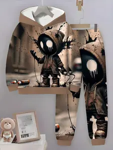Boys' 3D Digital Print Hoodie and Jogger Set, Hooded Sweatshirt, Graffiti Street Style, Outdoor Play, Casual Winter Clothing