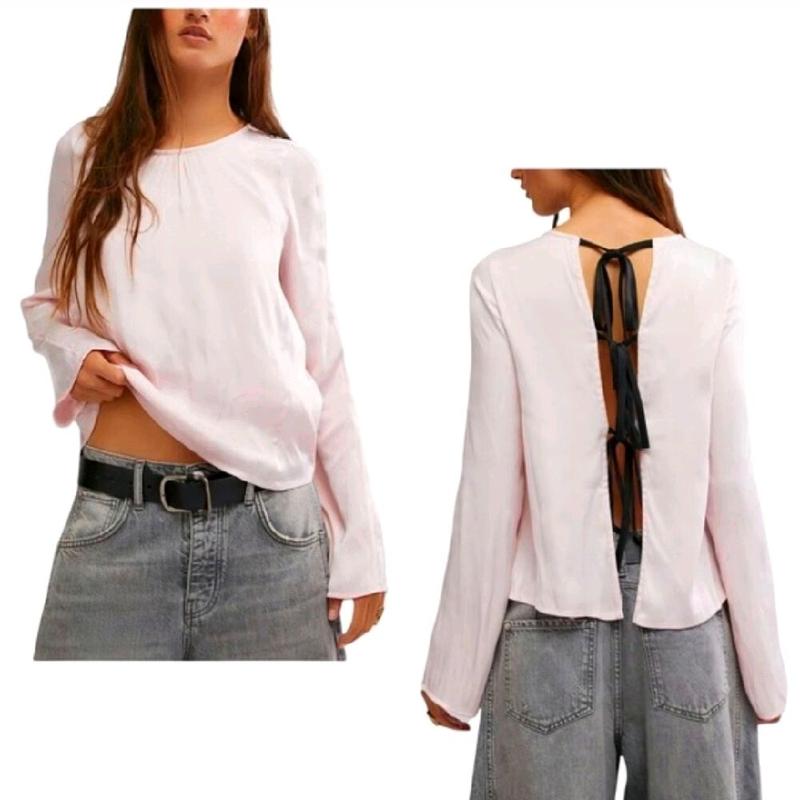 Free People Aarabella Satin Top Blush Pink Long Sleeve Blouse with Back Lace-Up Detail Size S NEW