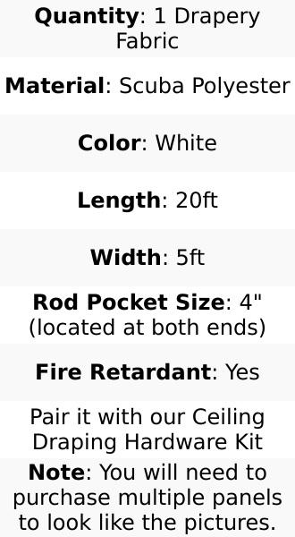 White Scuba Polyester Ceiling Drape Backdrop Curtain Panel, Commercial Grade Fire Retardant Wrinkle Free Draping Fabric With Rod Pockets - 5ftx20ft