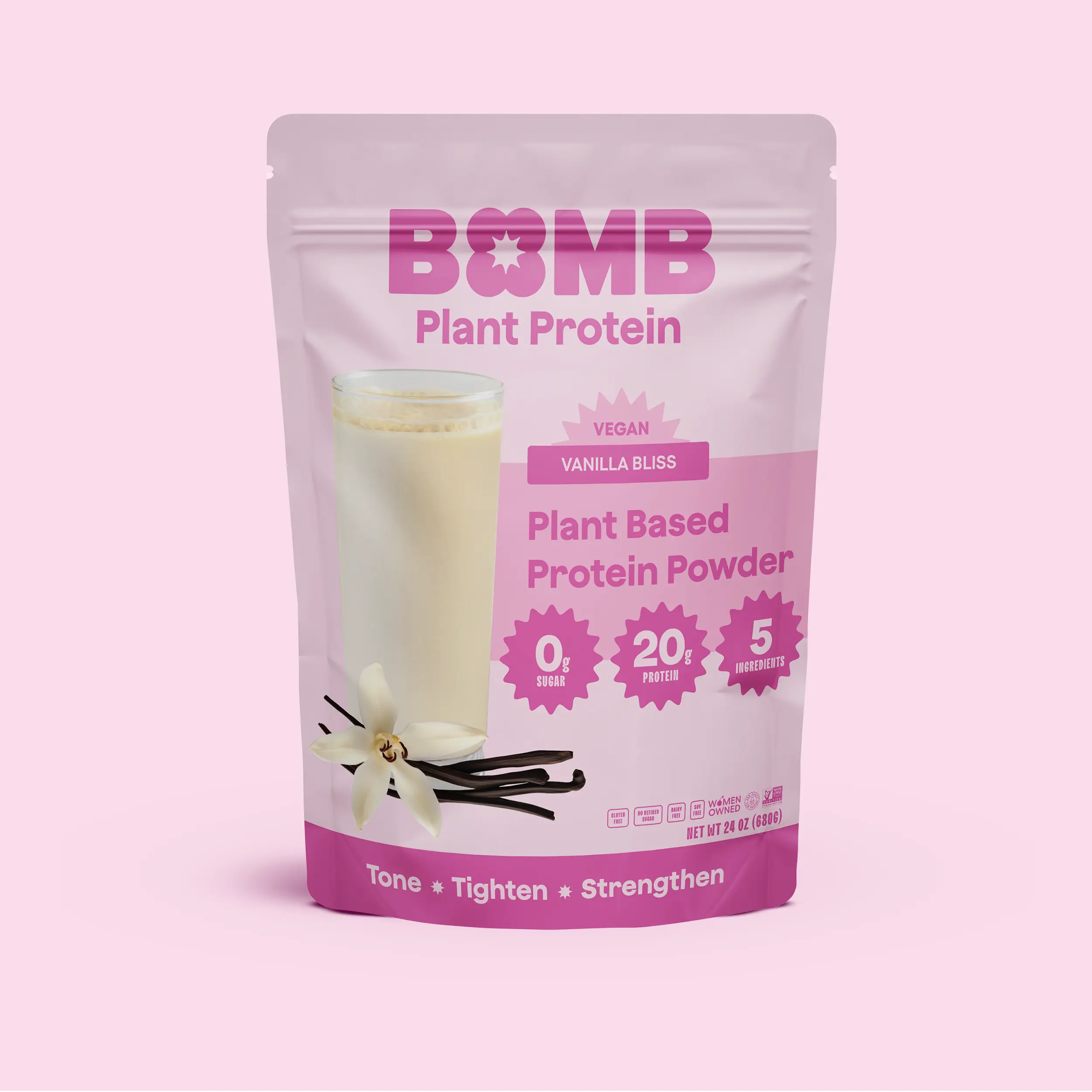 Vanilla Bomb Plant Protein- Vanilla Plant Protein Powder. 20g of Pea Protein Per Serving. 5 Clean Ingredients. 0g Sugar Healthcare Natural Lean Muscle Booster Fitness Endurance Supplement