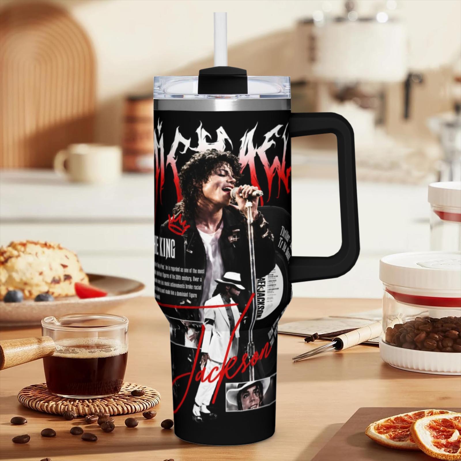 MJ King of Pop 40oz Tumbler with Handle, Michael Jackson Music Legend Moonwalk Style Insulated Travel Mug, TikTok Viral FYP Cup