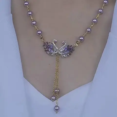 Luxury Purple Swan Crystal Sparkling Necklace, Chic Minimalist Elegant Pendant, Fashion Statement Costume Jewelry, Perfect Accessory for Cheongsam Dress