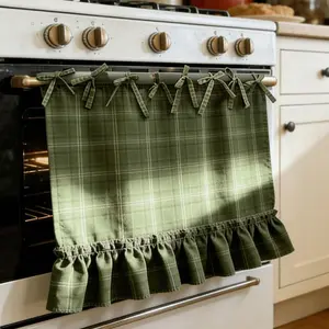 Handmade Farmhouse Oven Curtain, Oven Stove Cover Durable Oven Covering Heat Resistant Material Easy Tie On Installation Hide Oven Stains Gingham Style Perfect For Home Cooking Oven Skirt For 30 Inch Standard Oven Versatile Kitchen Curtain Home Decor