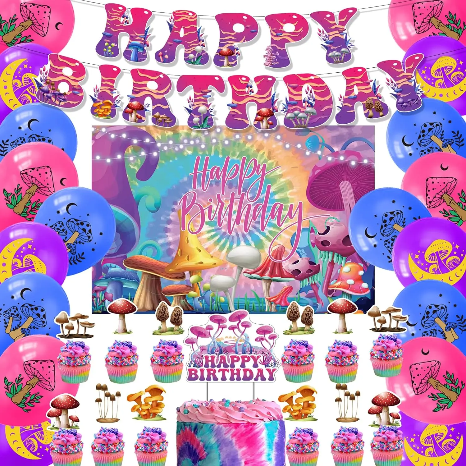 Mushroom Birthday Party Decorations Mushroom Party Supplies Includes Mushroom Happy Birthday BackdropBannerCake TopperCupcake ToppersBalloons For Baby Shower Birthday Decorations