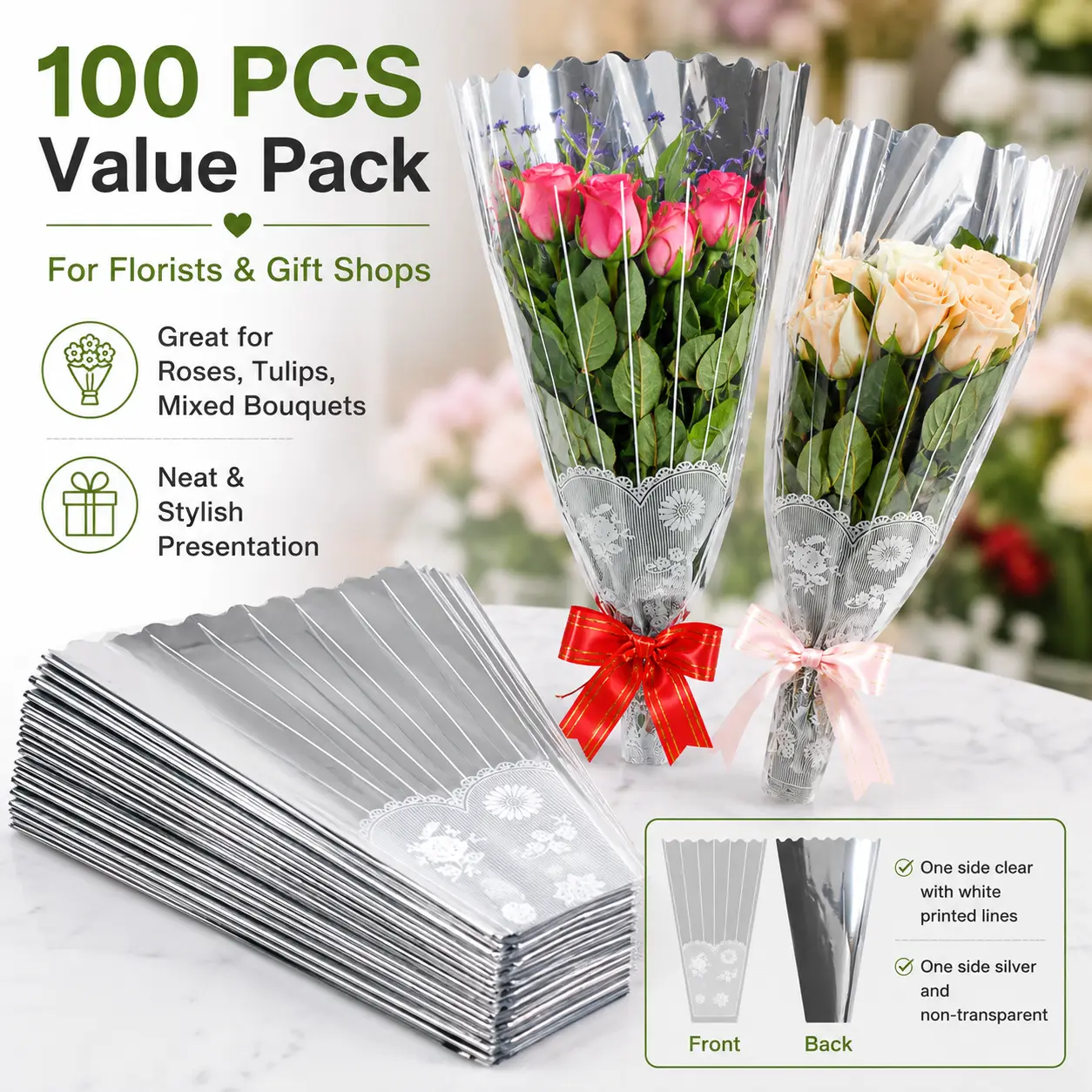 100 PCS Silver Edge Flower Wrapping Bags, Clear Bouquet Sleeves with Silver Back, Elegant Floral Packaging Bags for Roses, Bouquets, Florist Supplies & Gift Wrapping